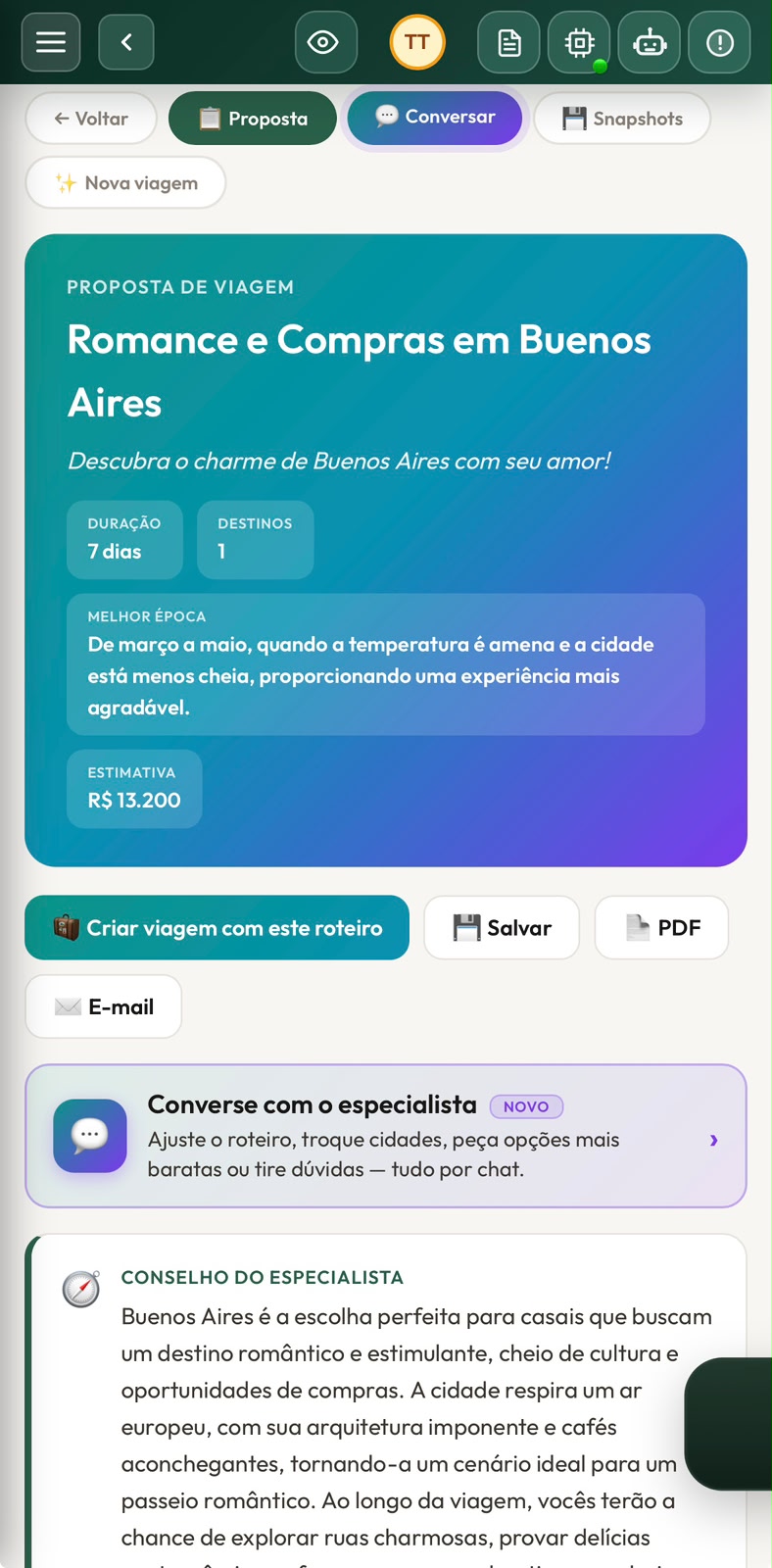 Proposta de viagem gerada por IA