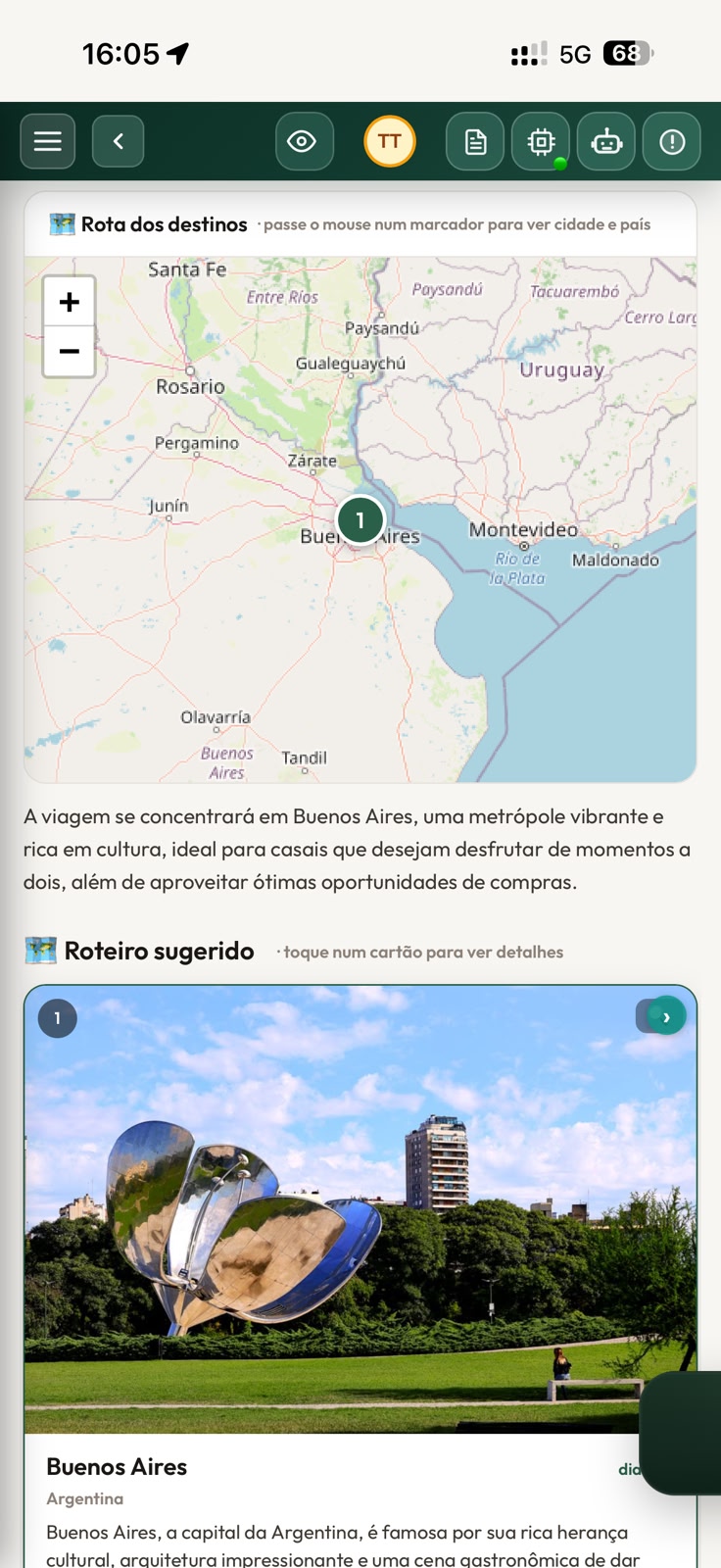 Mapa da rota dos destinos