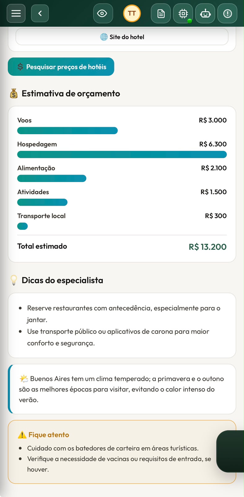 Estimativa de orçamento da viagem