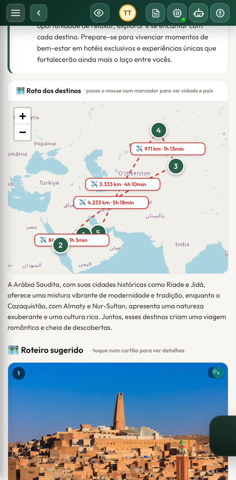 Mapa das rotas entre destinos